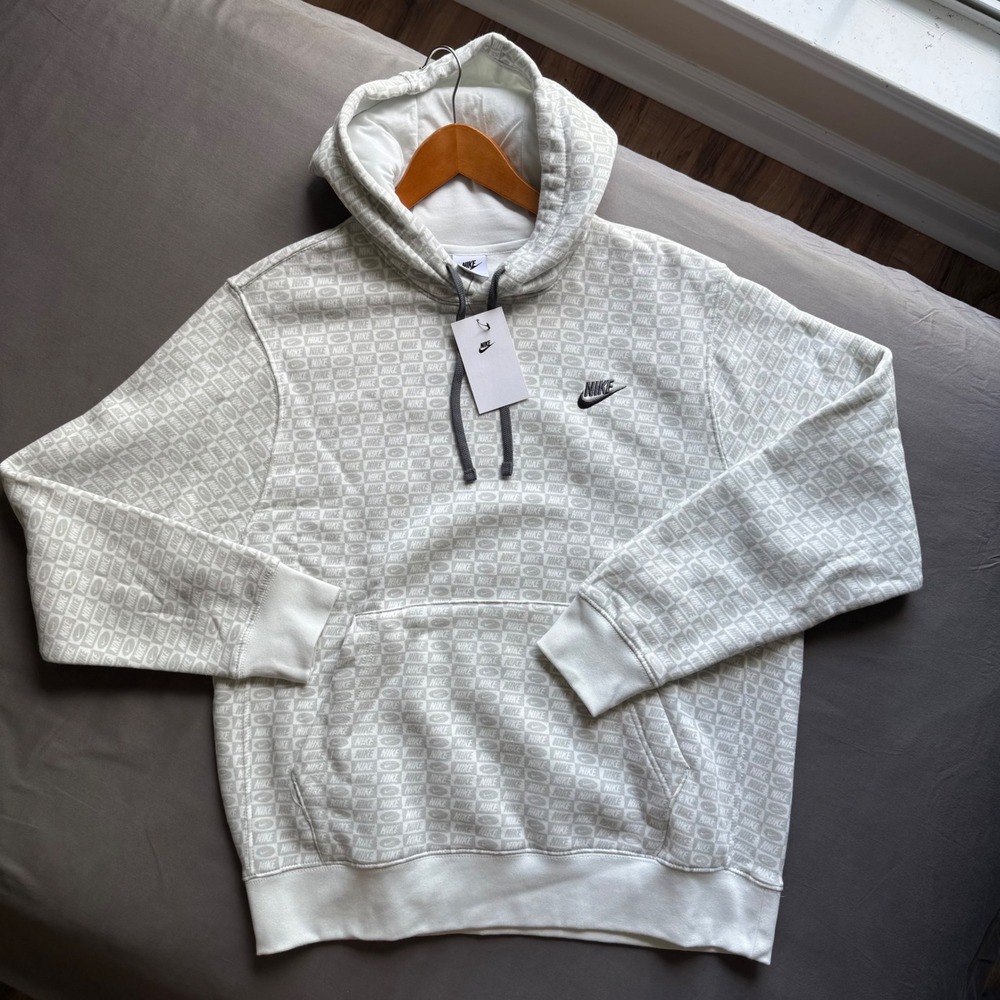 Nike Sportswear Club Fleece All Over Print Logo Hoodie White HJ6886-121 Mens L